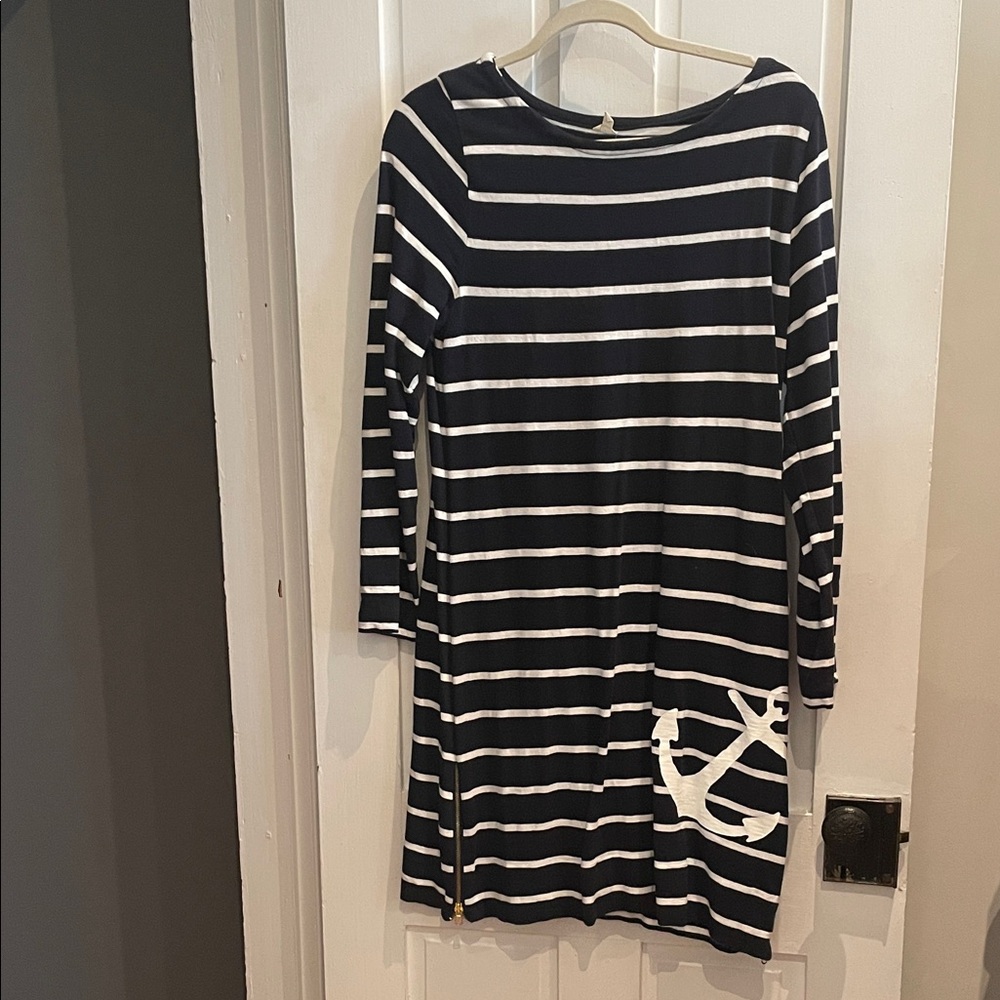 J. Crew Navy & White Striped Boatneck Dress with Anchor Detail